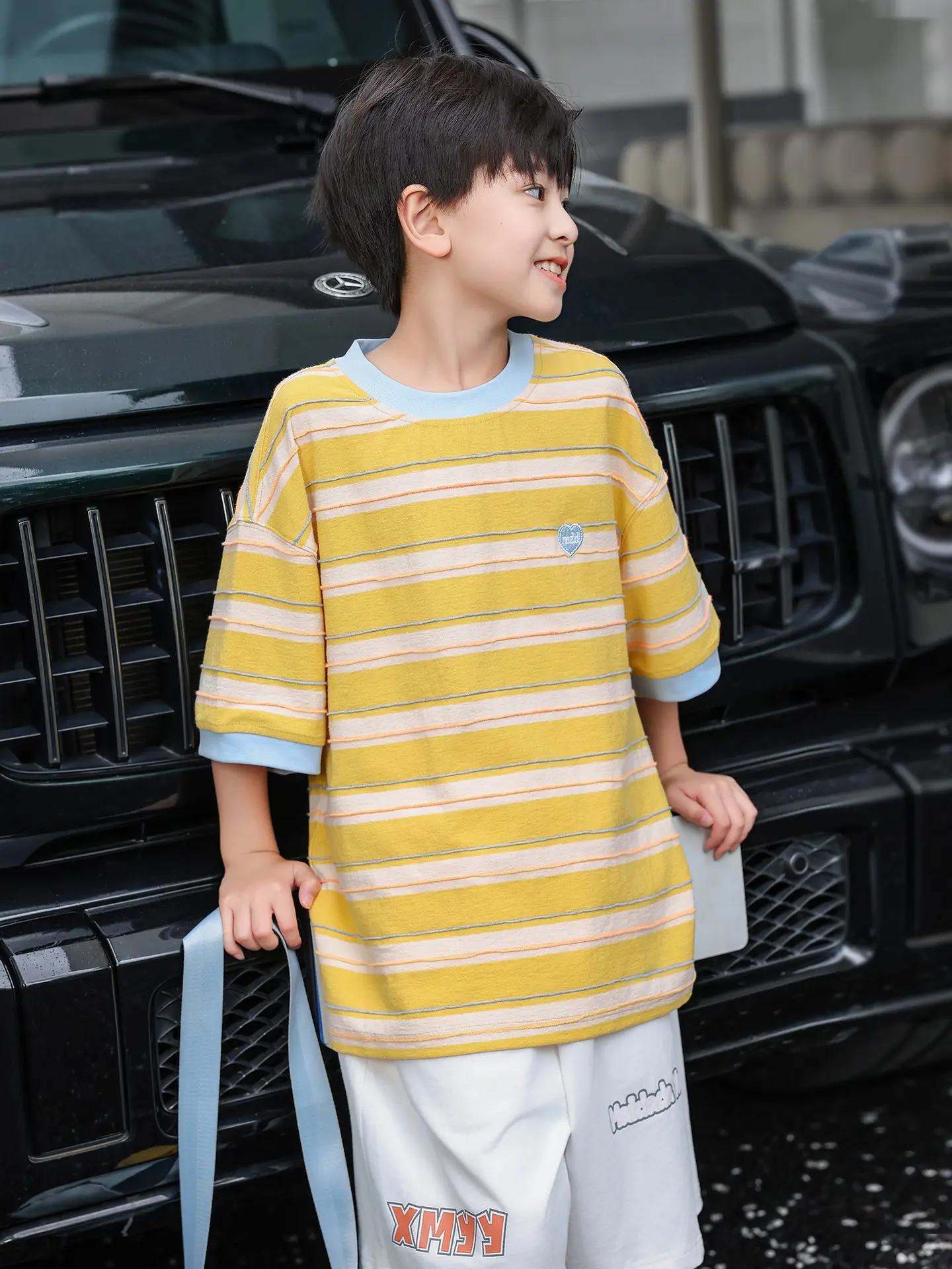 2025 Boys Striped T-Shirt Yellow Blue Round Neck - Image 6