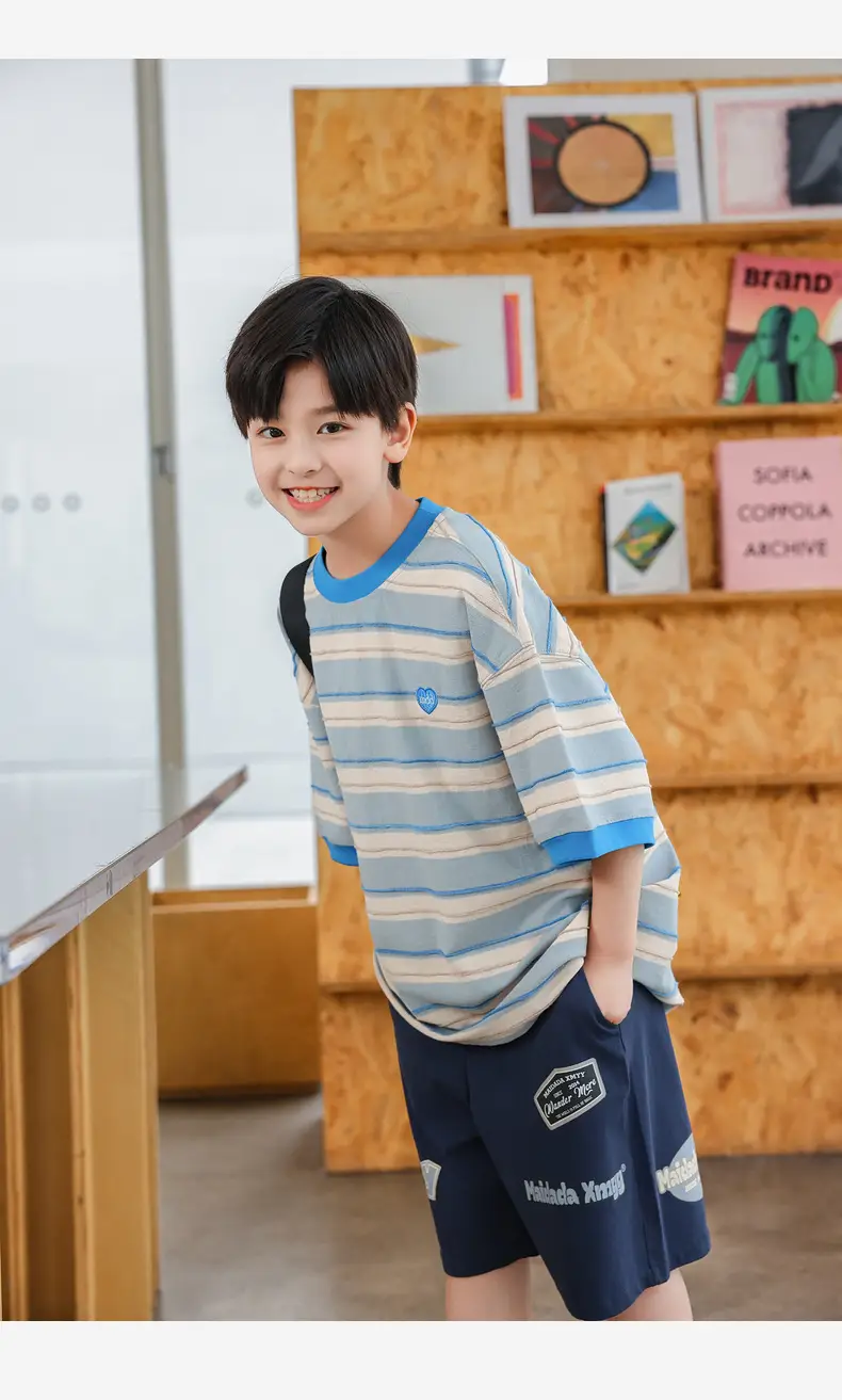 2025 Boys Striped T-Shirt Yellow Blue Round Neck — feature 25