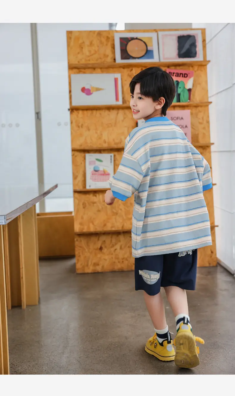 2025 Boys Striped T-Shirt Yellow Blue Round Neck — feature 26
