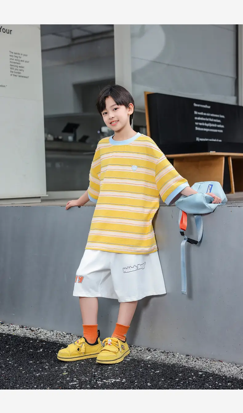 2025 Boys Striped T-Shirt Yellow Blue Round Neck — feature 30