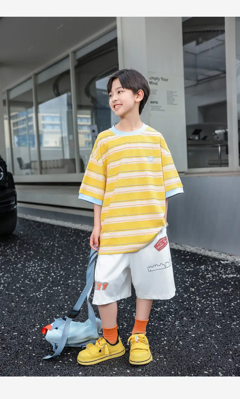 2025 Boys Striped T-Shirt Yellow Blue Round Neck — feature 31
