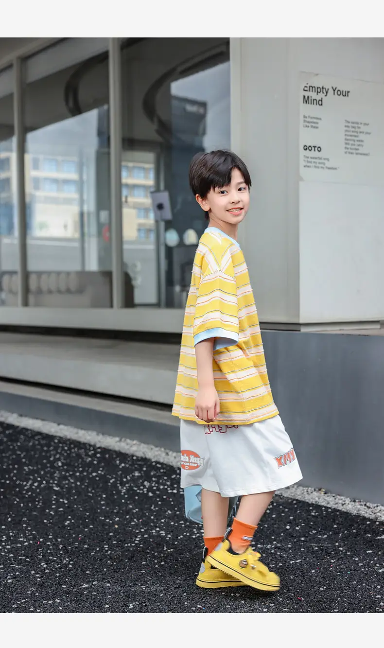 2025 Boys Striped T-Shirt Yellow Blue Round Neck — feature 32