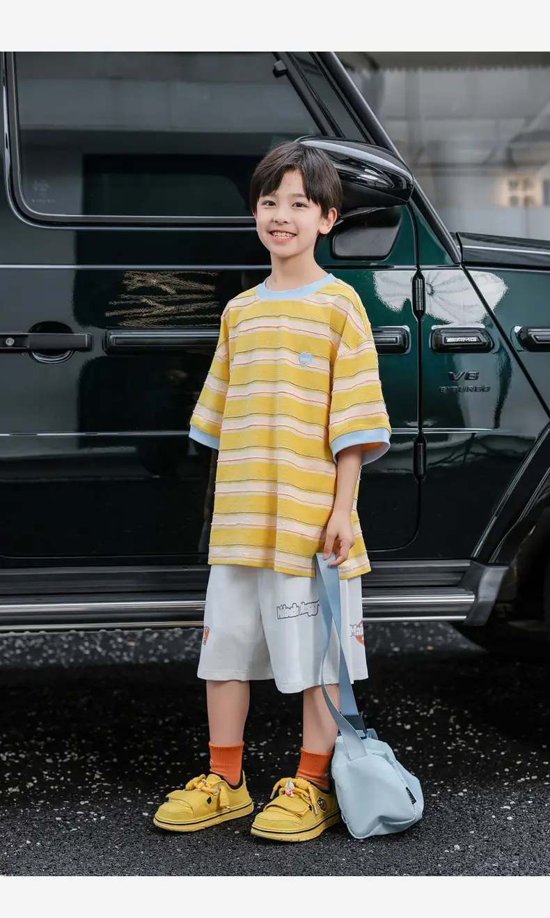 2025 Boys Striped T-Shirt Yellow Blue Round Neck — feature 34