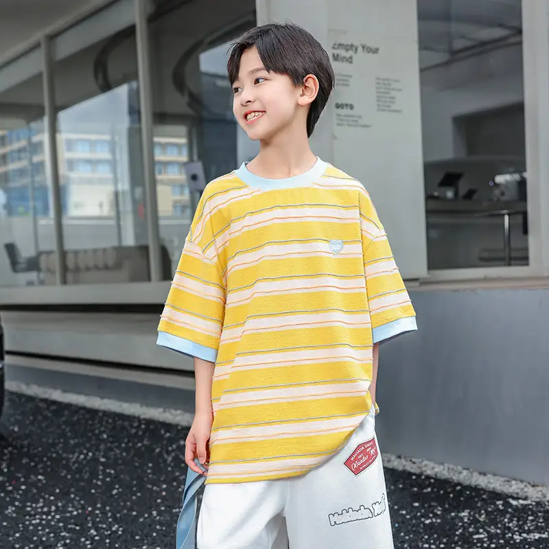 2025 Boys Striped T-Shirt Yellow Blue Round Neck - Image 2