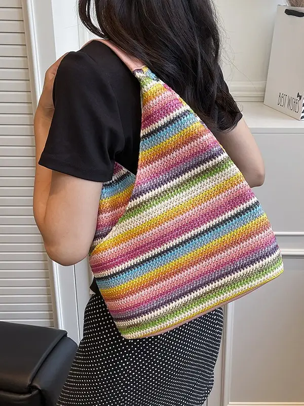 Multi Color Striped Woven Shoulder Bag Large Capacity Women