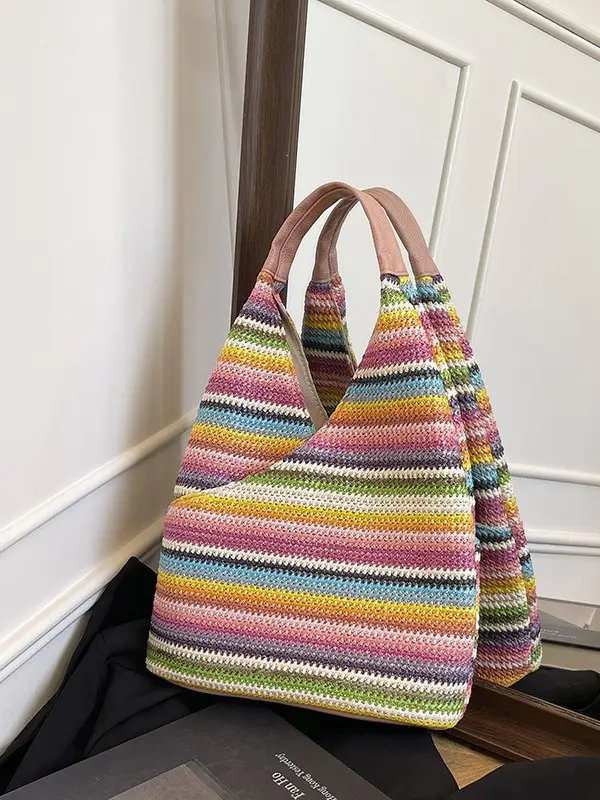 Multi Color Striped Woven Shoulder Bag Large Capacity Women