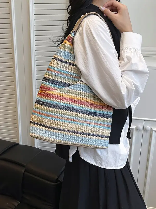 Multi Color Striped Woven Shoulder Bag Large Capacity Women