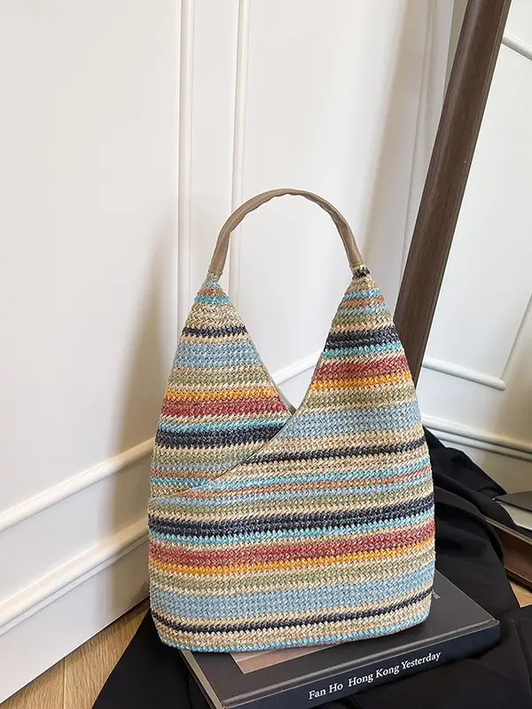 Multi Color Striped Woven Shoulder Bag Large Capacity Women
