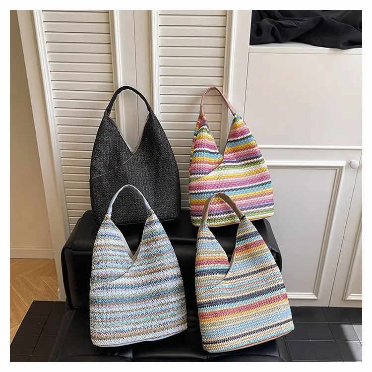 Multi Color Striped Woven Shoulder Bag Large Capacity Women — feature 1