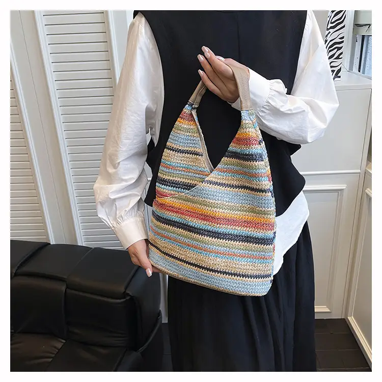Multi Color Striped Woven Shoulder Bag Large Capacity Women — feature 10