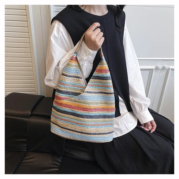 Multi Color Striped Woven Shoulder Bag Large Capacity Women — feature 11
