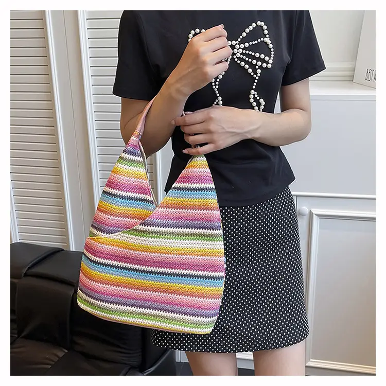 Multi Color Striped Woven Shoulder Bag Large Capacity Women — feature 13
