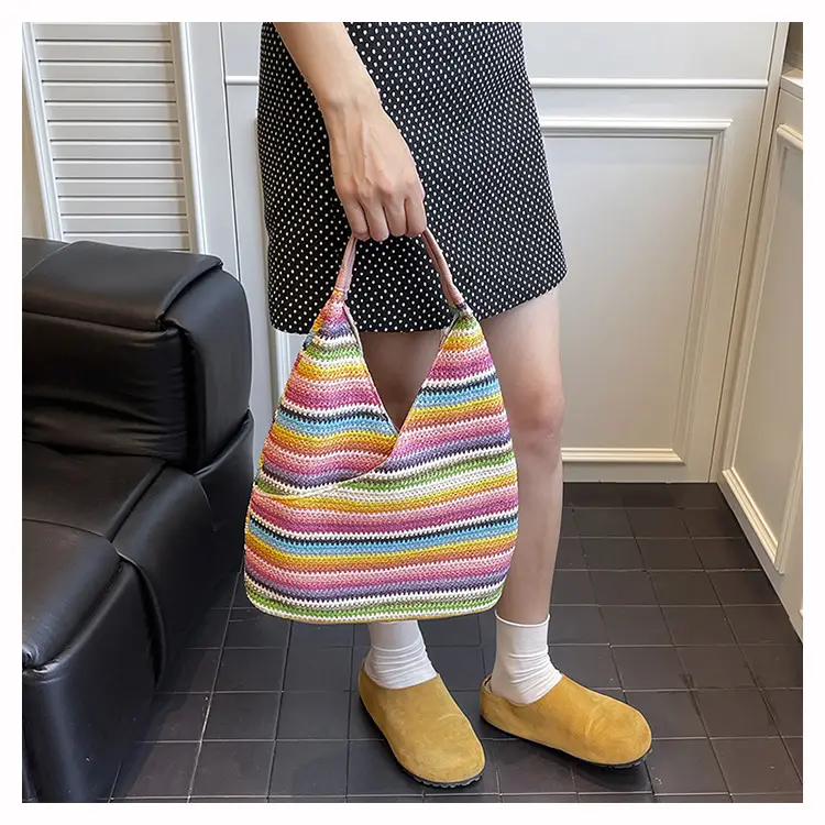 Multi Color Striped Woven Shoulder Bag Large Capacity Women — feature 14