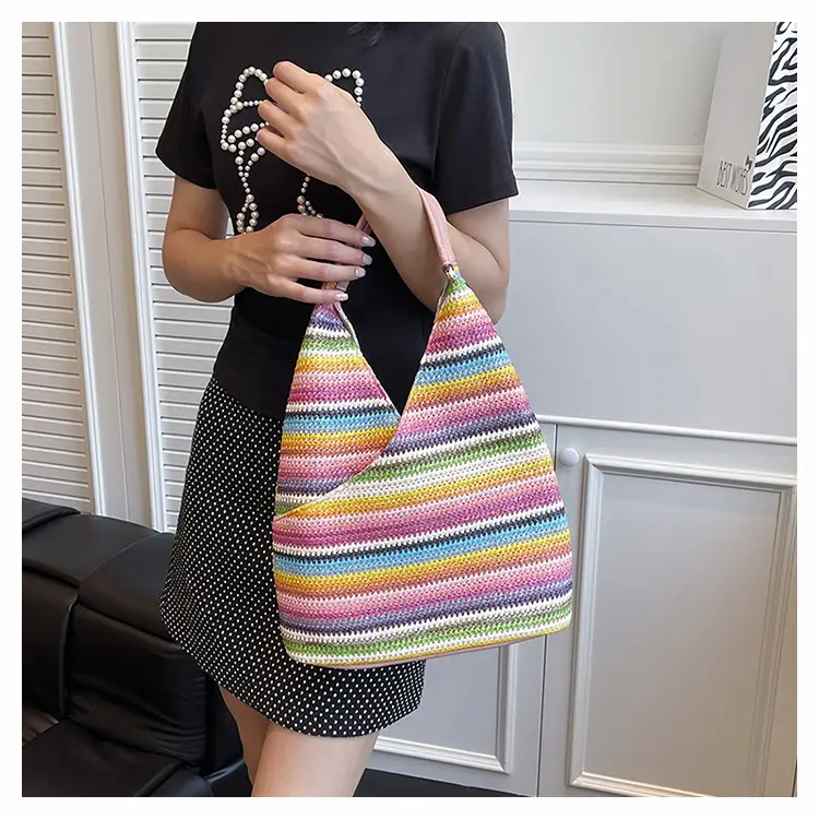 Multi Color Striped Woven Shoulder Bag Large Capacity Women — feature 15