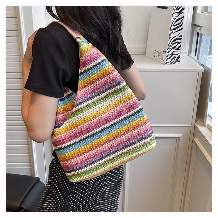 Multi Color Striped Woven Shoulder Bag Large Capacity Women — feature 16
