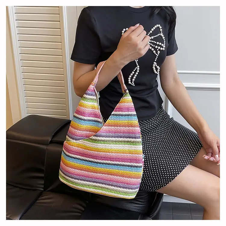 Multi Color Striped Woven Shoulder Bag Large Capacity Women — feature 17