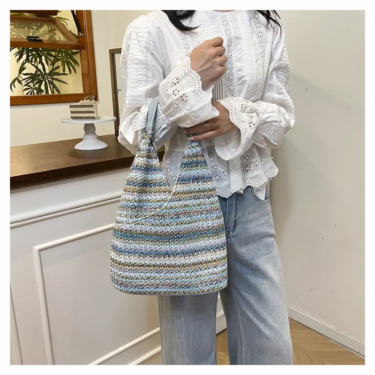 Multi Color Striped Woven Shoulder Bag Large Capacity Women — feature 23