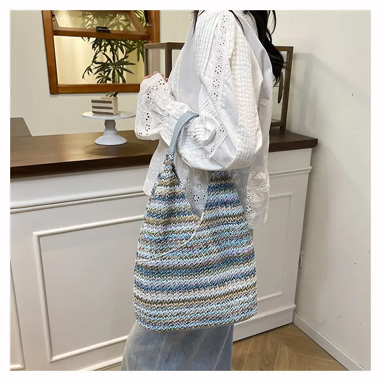 Multi Color Striped Woven Shoulder Bag Large Capacity Women — feature 24