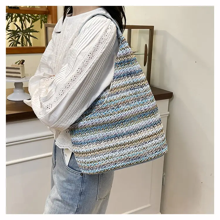 Multi Color Striped Woven Shoulder Bag Large Capacity Women — feature 25