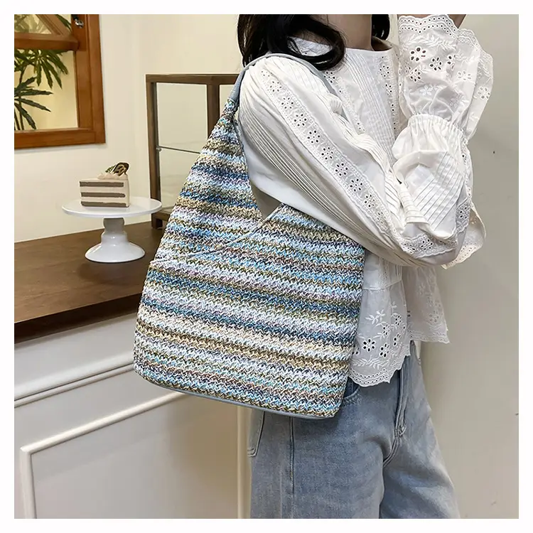 Multi Color Striped Woven Shoulder Bag Large Capacity Women — feature 26