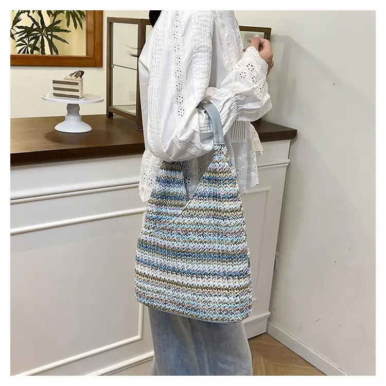 Multi Color Striped Woven Shoulder Bag Large Capacity Women — feature 27