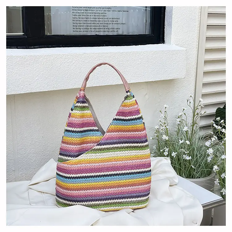 Multi Color Striped Woven Shoulder Bag Large Capacity Women — feature 28