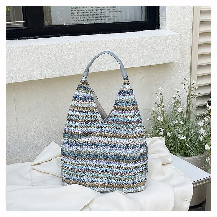 Multi Color Striped Woven Shoulder Bag Large Capacity Women — feature 29