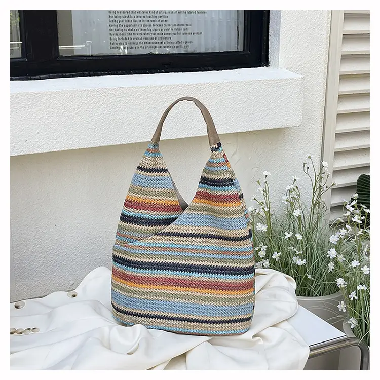 Multi Color Striped Woven Shoulder Bag Large Capacity Women — feature 31