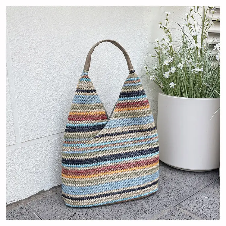Multi Color Striped Woven Shoulder Bag Large Capacity Women — feature 32