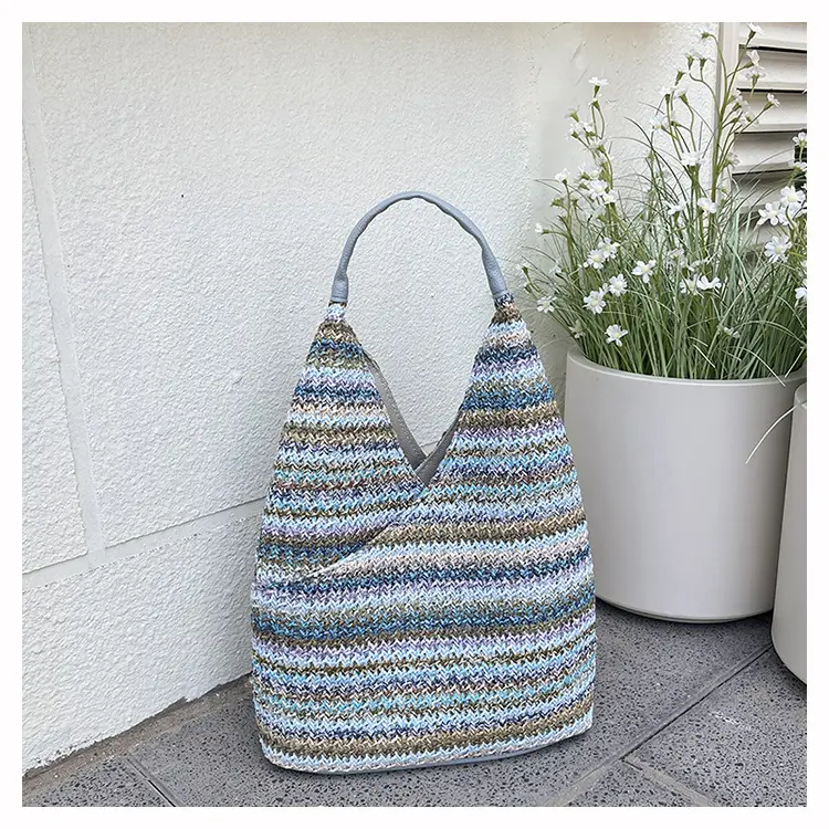 Multi Color Striped Woven Shoulder Bag Large Capacity Women — feature 33