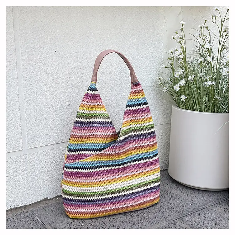 Multi Color Striped Woven Shoulder Bag Large Capacity Women — feature 34