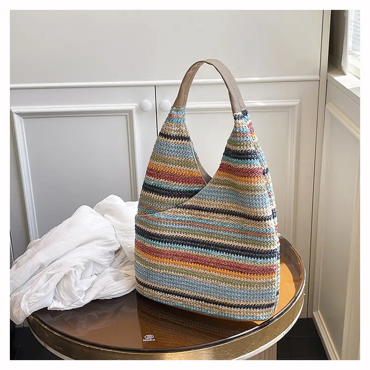 Multi Color Striped Woven Shoulder Bag Large Capacity Women — feature 37