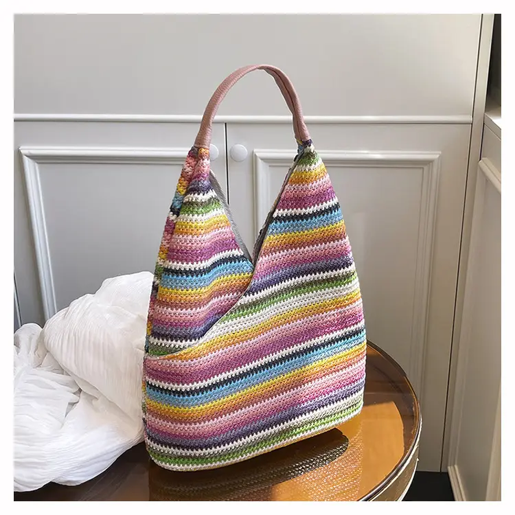 Multi Color Striped Woven Shoulder Bag Large Capacity Women — feature 38
