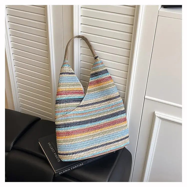 Multi Color Striped Woven Shoulder Bag Large Capacity Women — feature 39