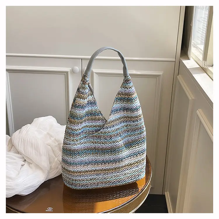 Multi Color Striped Woven Shoulder Bag Large Capacity Women — feature 40
