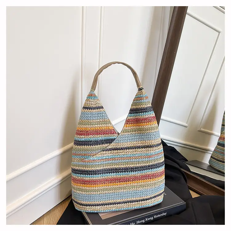 Multi Color Striped Woven Shoulder Bag Large Capacity Women — feature 42
