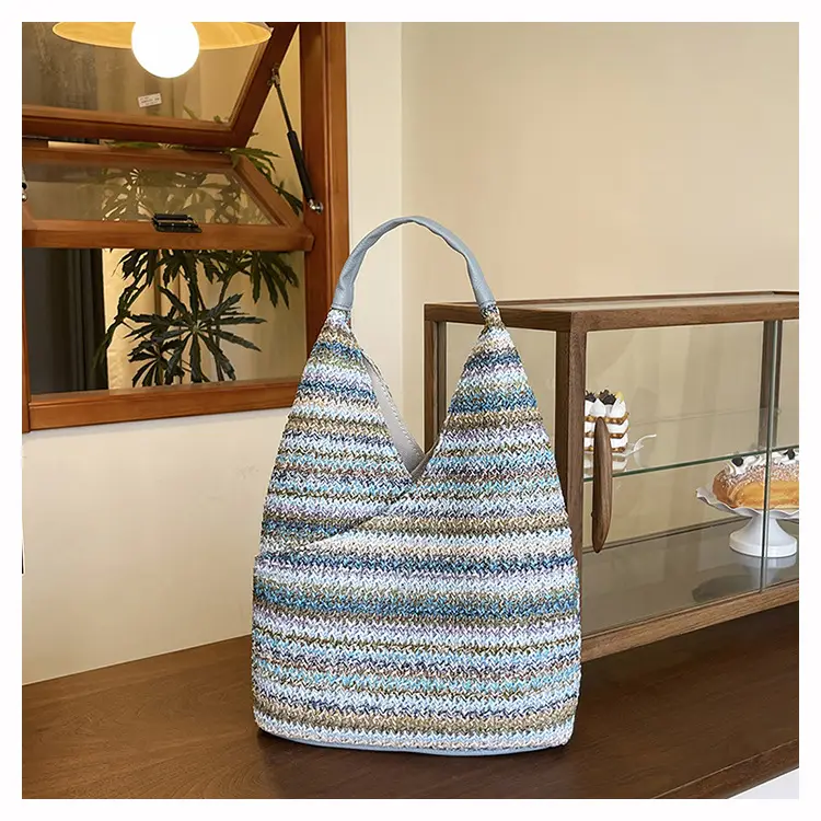 Multi Color Striped Woven Shoulder Bag Large Capacity Women — feature 43