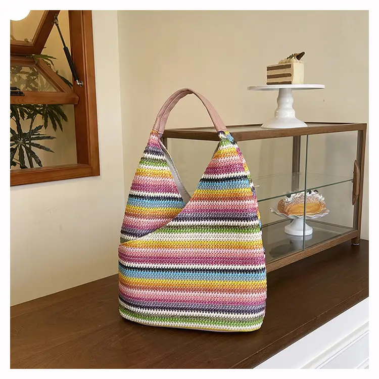 Multi Color Striped Woven Shoulder Bag Large Capacity Women — feature 44