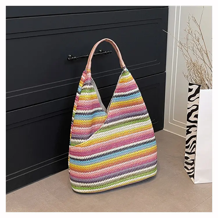 Multi Color Striped Woven Shoulder Bag Large Capacity Women — feature 46