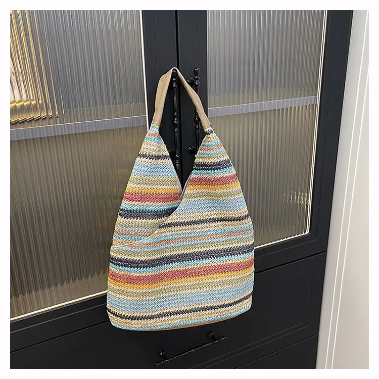 Multi Color Striped Woven Shoulder Bag Large Capacity Women — feature 47