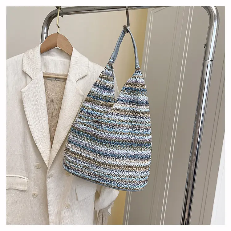 Multi Color Striped Woven Shoulder Bag Large Capacity Women — feature 49