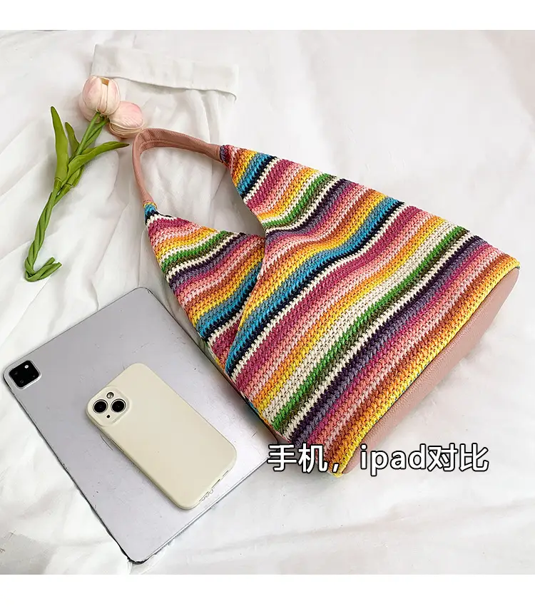 Multi Color Striped Woven Shoulder Bag Large Capacity Women — feature 5