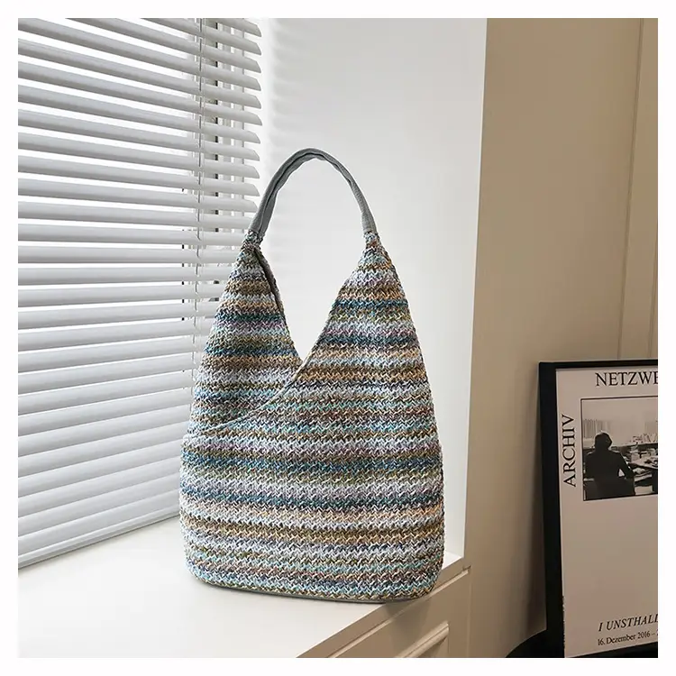 Multi Color Striped Woven Shoulder Bag Large Capacity Women — feature 50