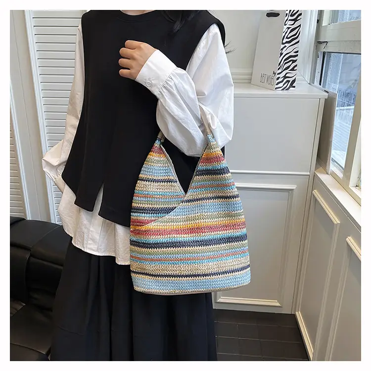 Multi Color Striped Woven Shoulder Bag Large Capacity Women — feature 8