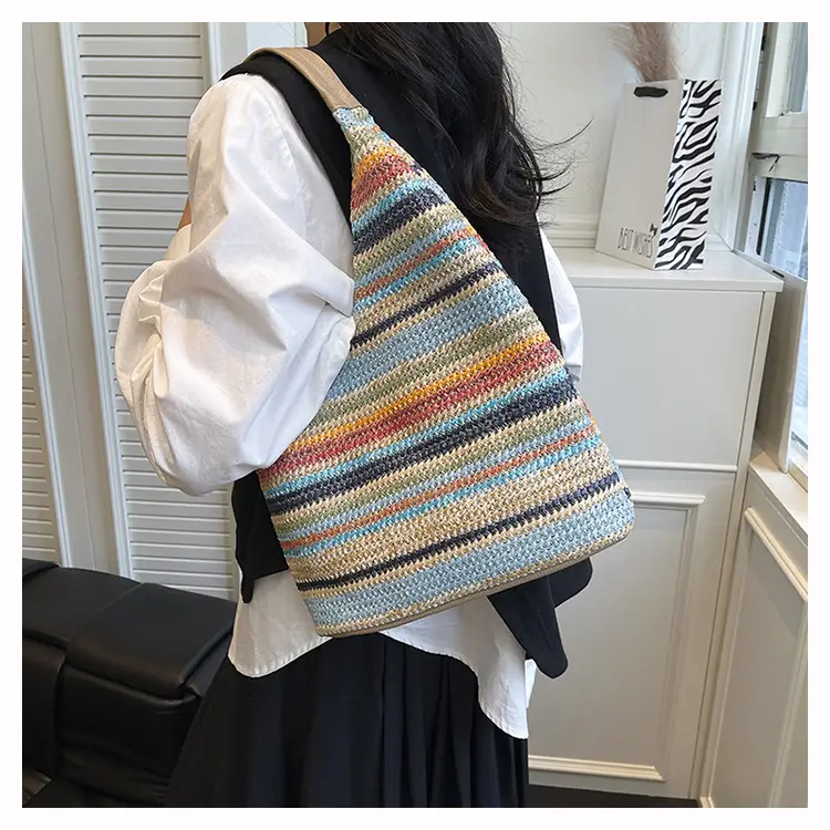 Multi Color Striped Woven Shoulder Bag Large Capacity Women — feature 9