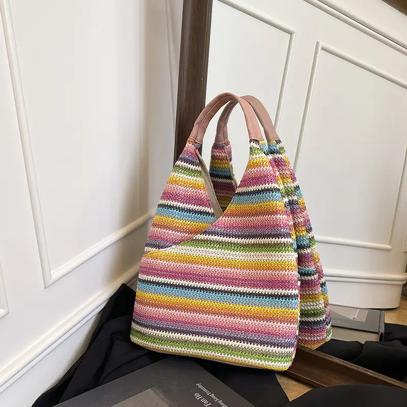 Multi Color Striped Woven Shoulder Bag Large Capacity Women