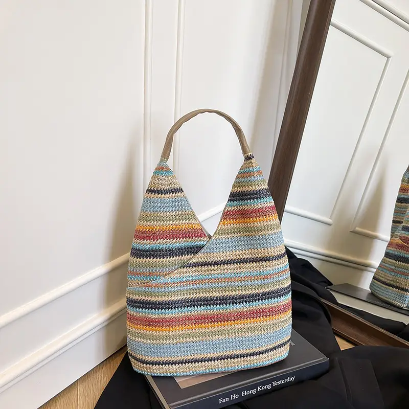 Multi Color Striped Woven Shoulder Bag Large Capacity Women