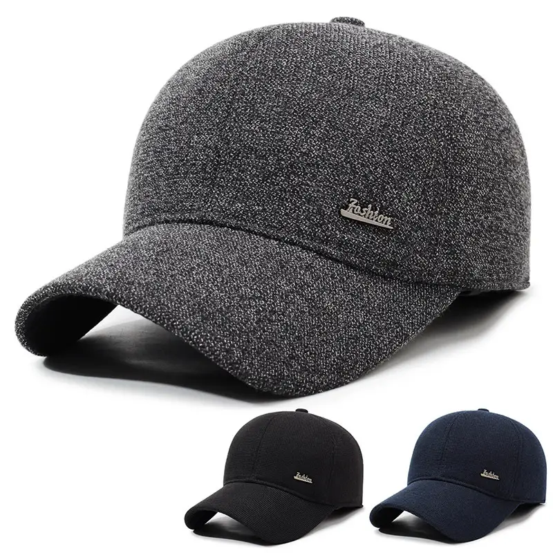 Elderly Men Grey Beanie Cap with Ear Protection