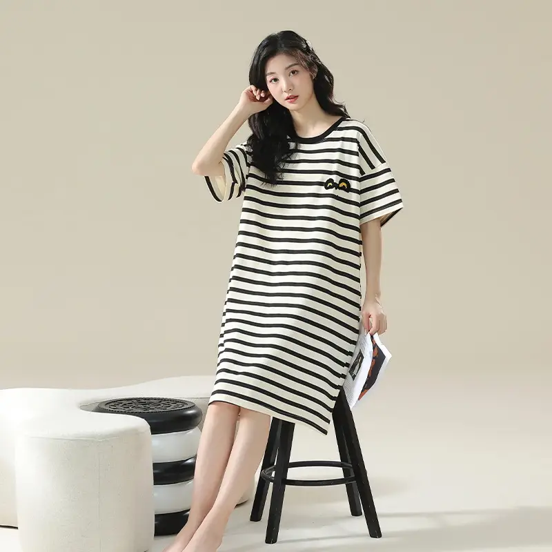 7A Antibacterial Cotton Nightgown Summer Women's Short-Sleeved Thin Dress Stripesd Can Be Worn Outside Mid-Length Plus Size Pajamas
