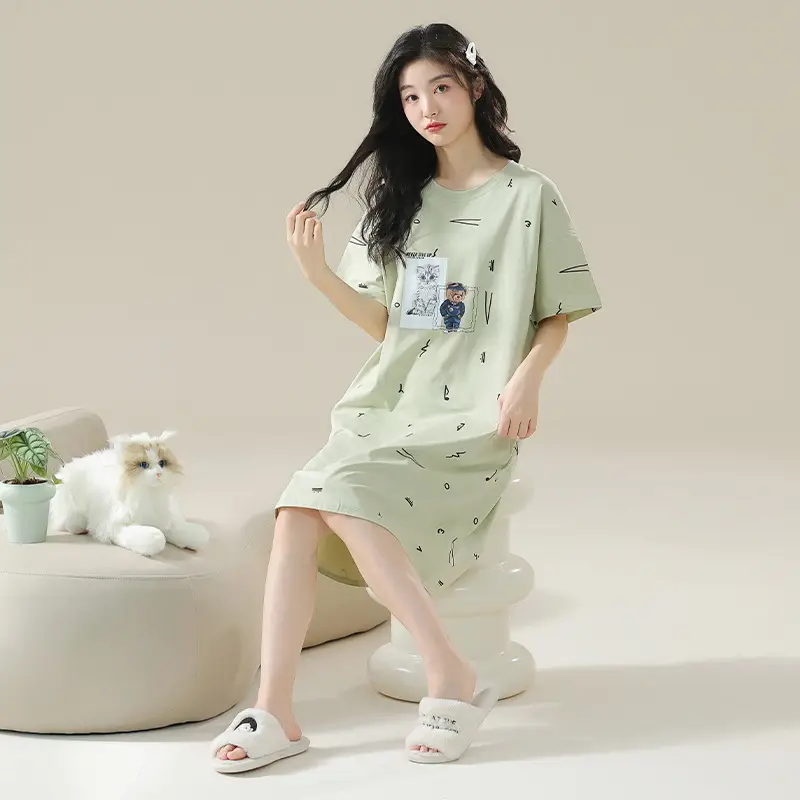 7A Antibacterial Cotton Nightgown Summer Women's Short-Sleeved Thin Dress Stripesd Can Be Worn Outside Mid-Length Plus Size Pajamas